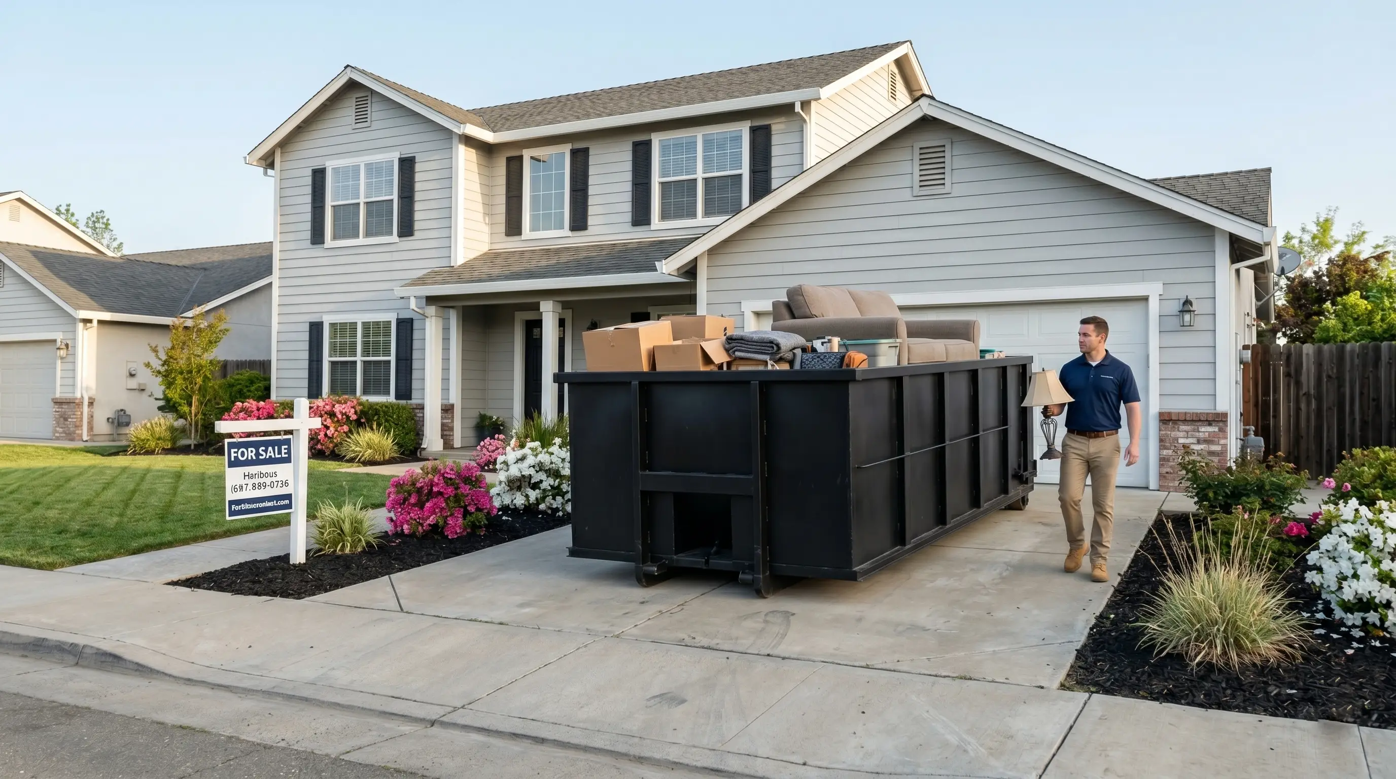 15 yard dumpster in a Jackson, Michigan driveway during a basement cleanout