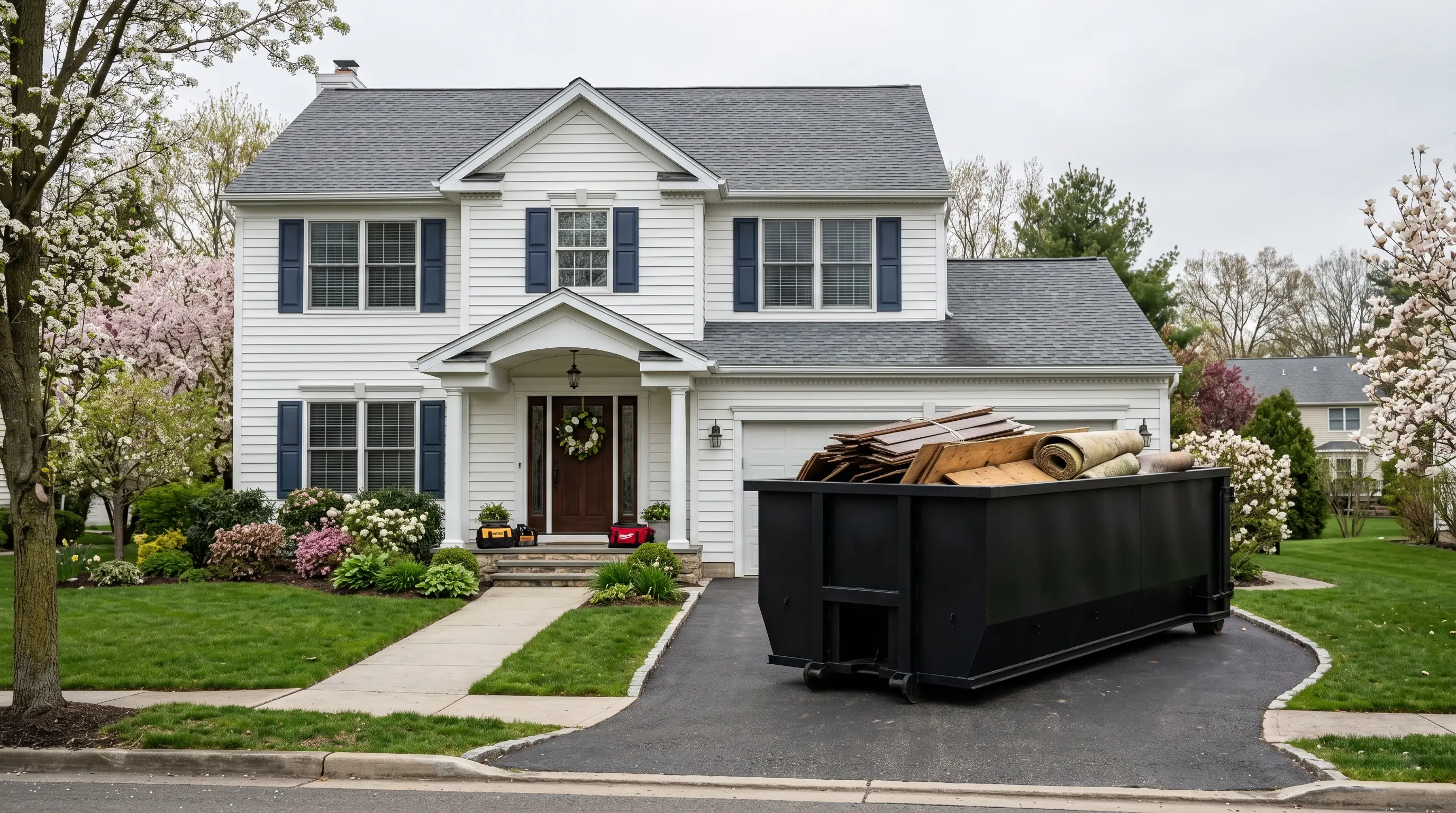 20 yard dumpster outside a Spring Arbor, Michigan home during a roof tear-off