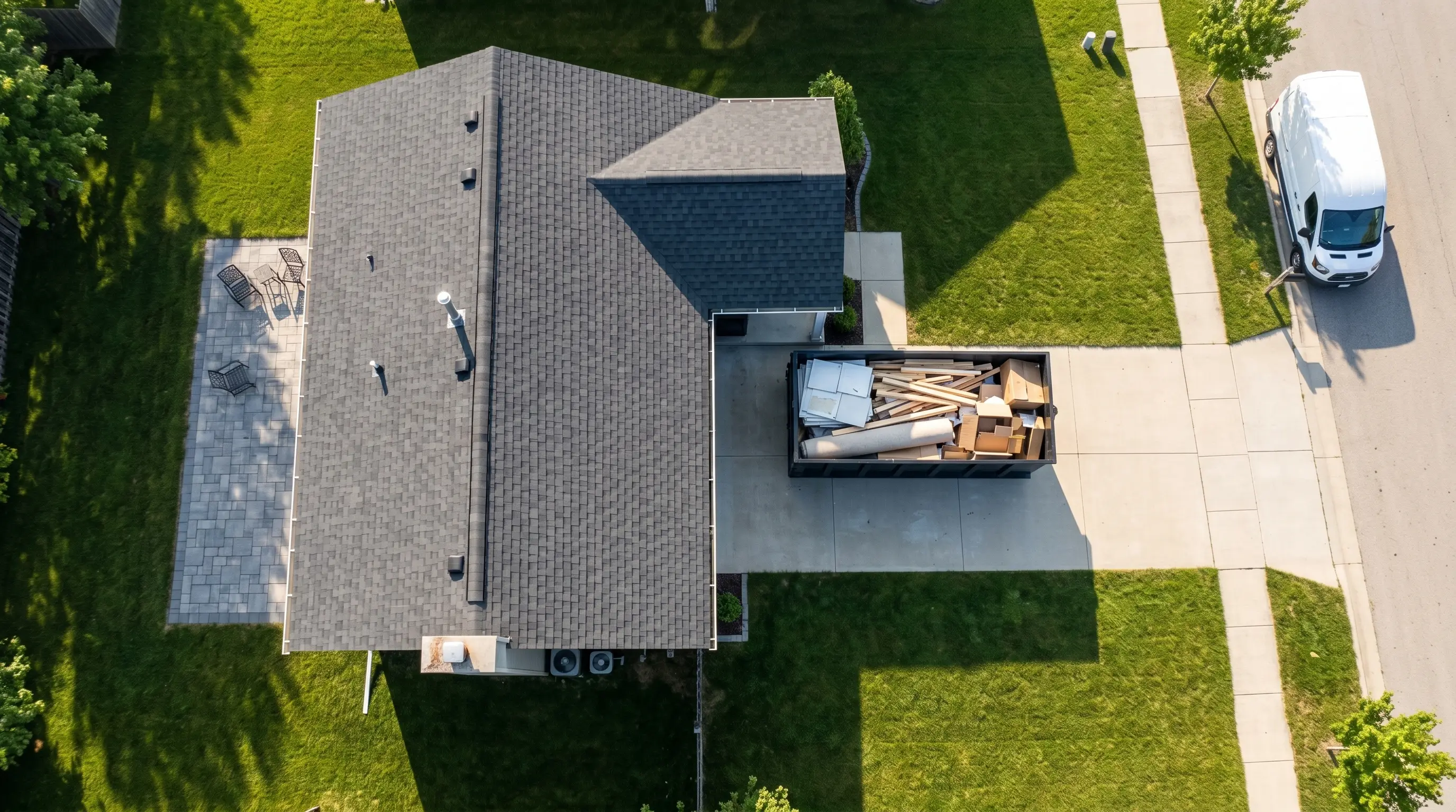 Overhead view of a 20 yard dumpster loaded with shingles from a Jackson County roof tear-off